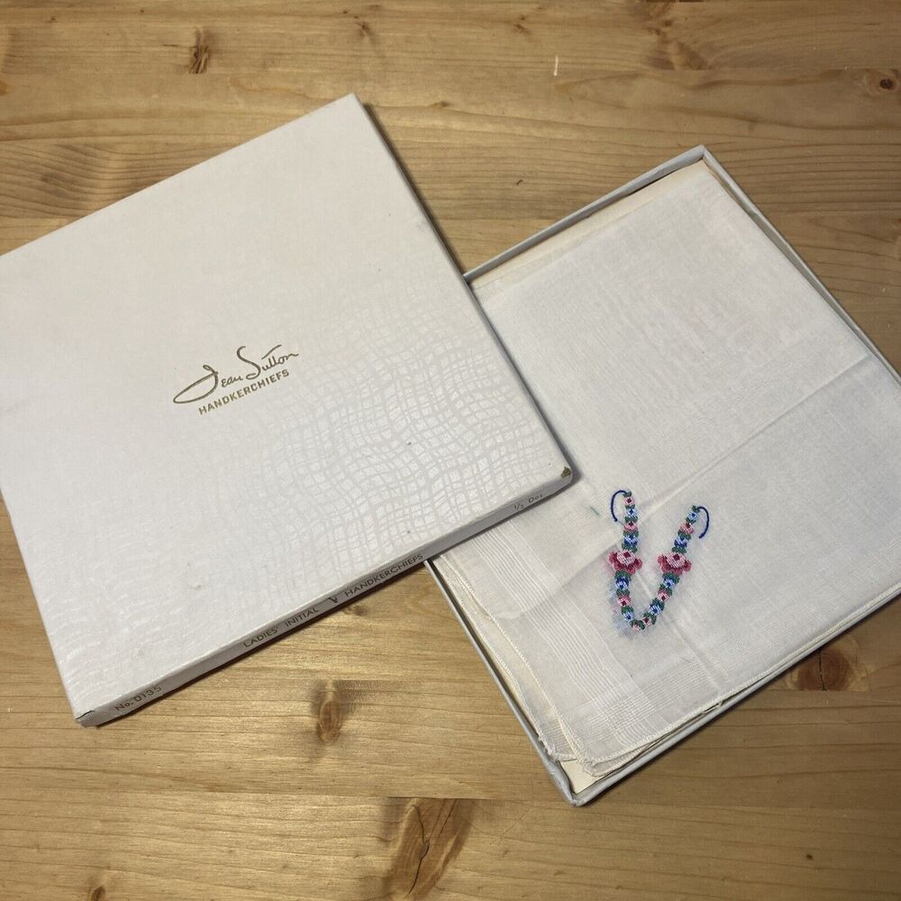 Jean Sutton Handkerchiefs Vintage Floral Initial 'V' Hankies Set of 3 in Box